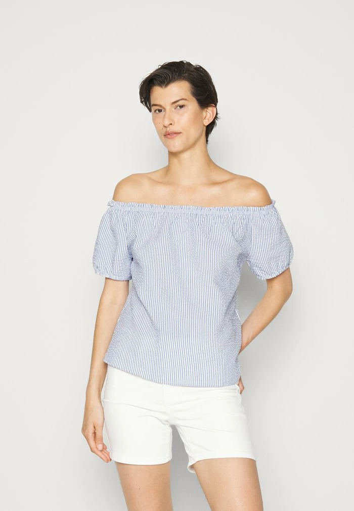 ONLY Tall ONLCASSIE OFF SHOULDER - Blouse - Cloud Dancer/medium Denim Blue 3 ONLY Tall ONLCASSIE OFF SHOULDER - Blouse - Cloud Dancer/medium Denim Blue